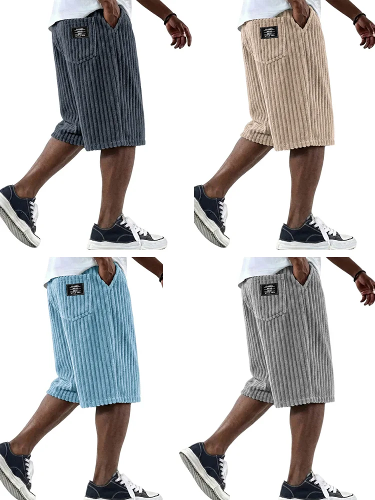 Vintage Vertical Stripe Corduroy Shorts for Men 2026 Summer Fashion Elastic Waist Loose Casual Knee-Length Straight Shorts Male
