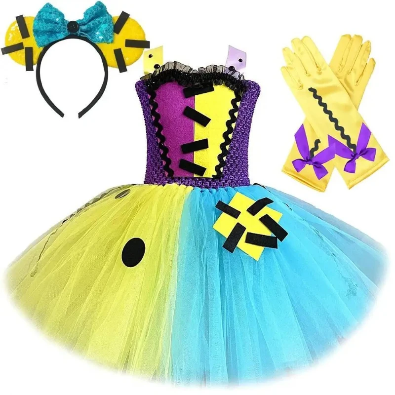 

Horror Sally Halloween Costumes for Girls Nightmare Before Christmas Scary Dresses Kids Carnival Party Fancy Outfit with Gloves