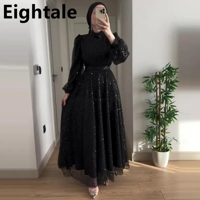 

Eightale 2025 Black Sequins High Neck A Line Long Sleeve Arabic Prom Dress Evening Dress Formal Party Gown Robes De Soirée