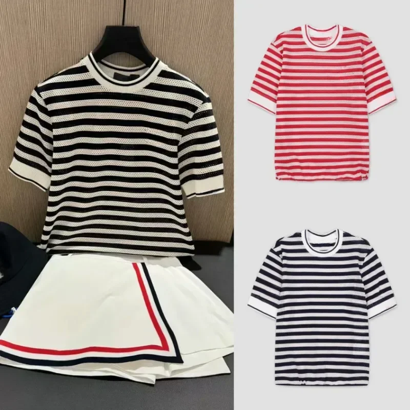 

24 Summer New Korean Golf Ladies Outdoor Sports Breathable Crew Neck Striped Short Sleeve T-Shirt Top Trend