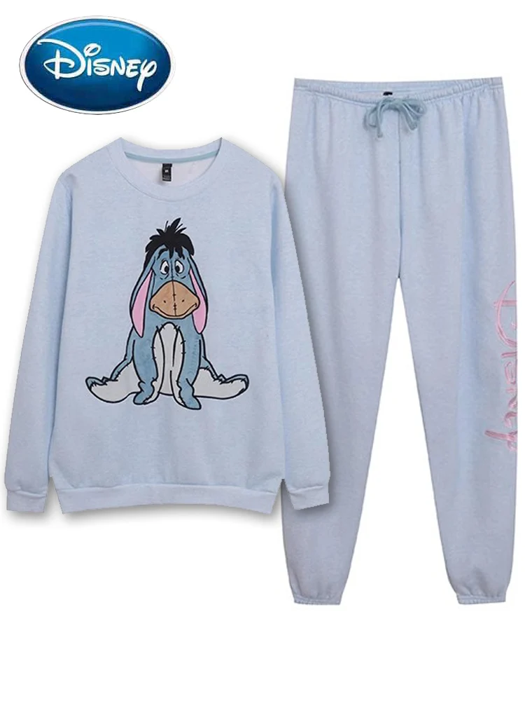 Disney Sweatshirt Winnie the Pooh Eeyore Cartoon Print Embroidery Women Long Sleeve Fleece Jumper Tee Top + Pants Trousers 1 Set