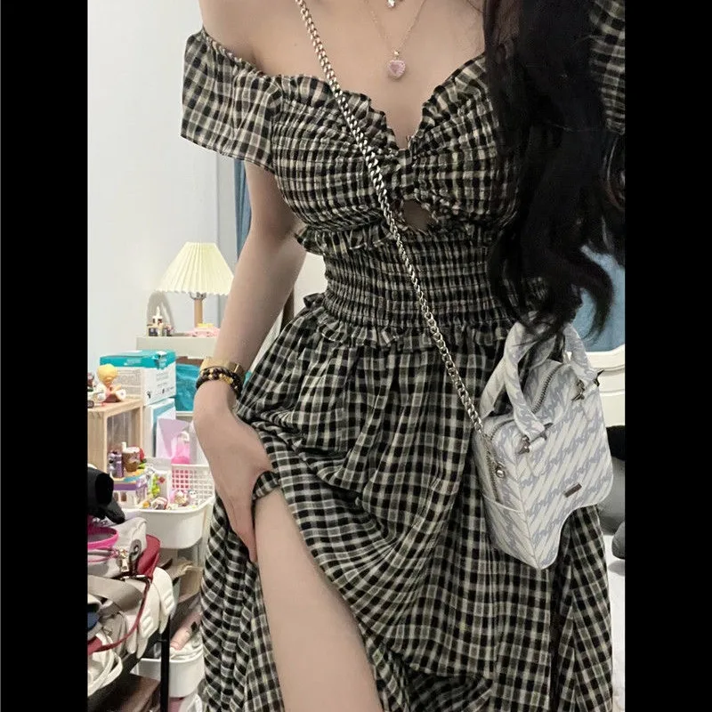 

Summer Women's Camis Ruffles Plaid Striped Bow Slash Neck Pullover with Pleats Fashion Casual Elegant Office Lady Knee Dress