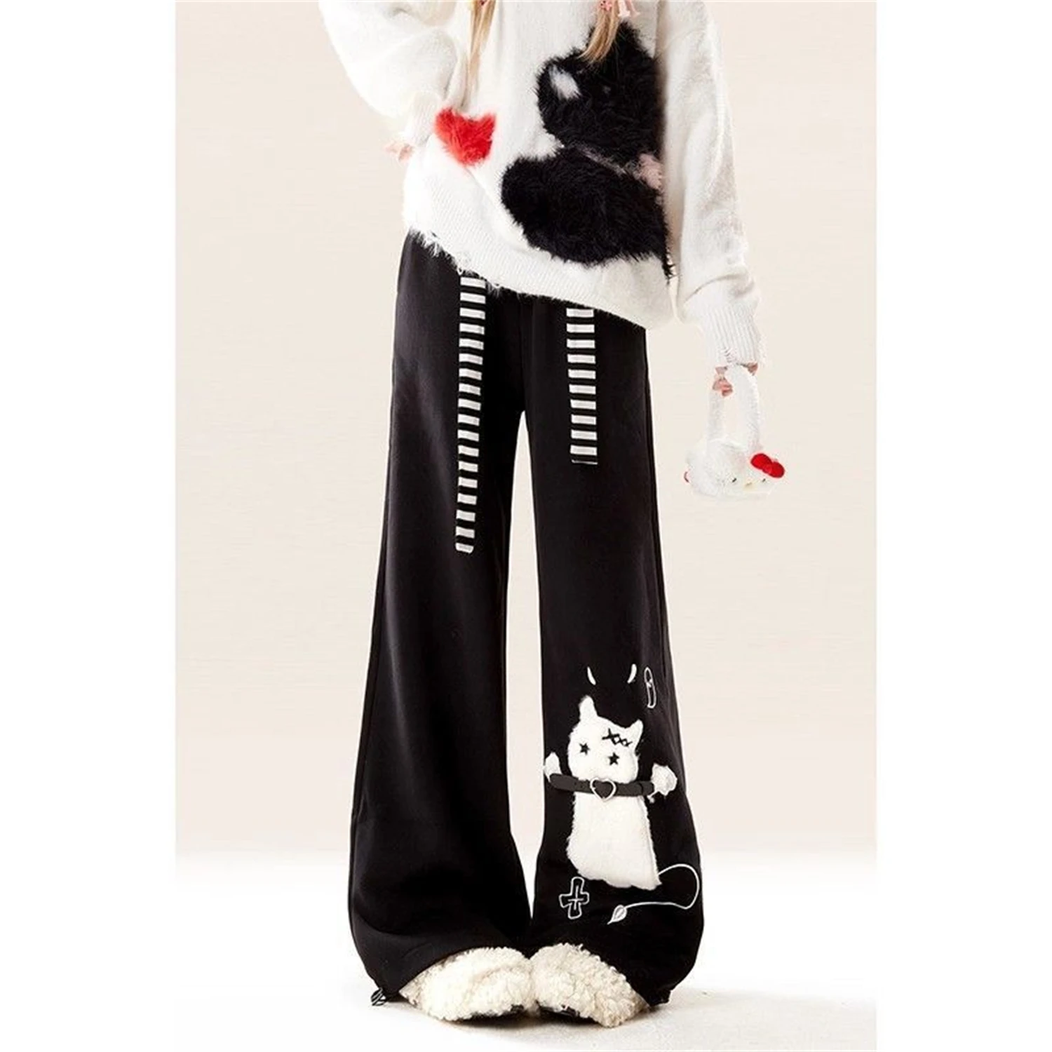 Women's Wide Leg Pants New Fashion Cartoon Cat Graphic Print Striped Drawstring High Waist Loose Y2K Casual Streetwear Trousers