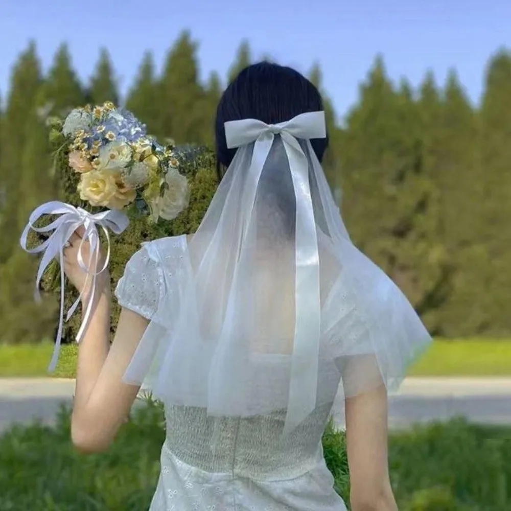 Korean Bridal Veil with Bow Hair Clip Headdress Bride Party Mesh Hairpin Simple Bridal Wedding Hair Accessories image 4