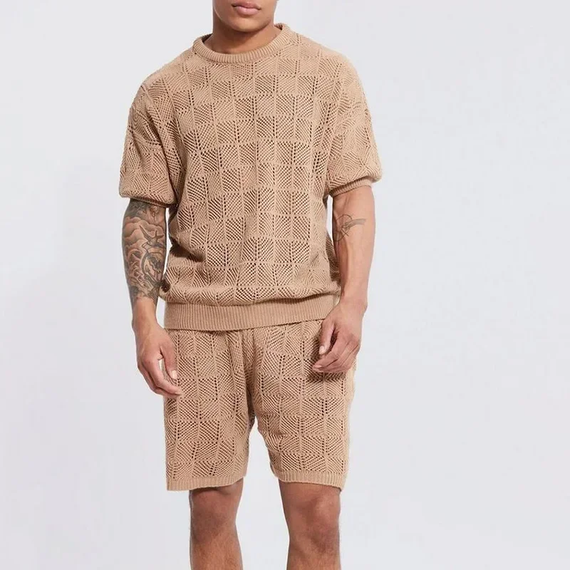 New Summer Men's Outfit Sets Casual Men Knit Shirts Shorts Set Solid Plaid Hollow Out Two Piece Suits Men T Shirt and Short Sets