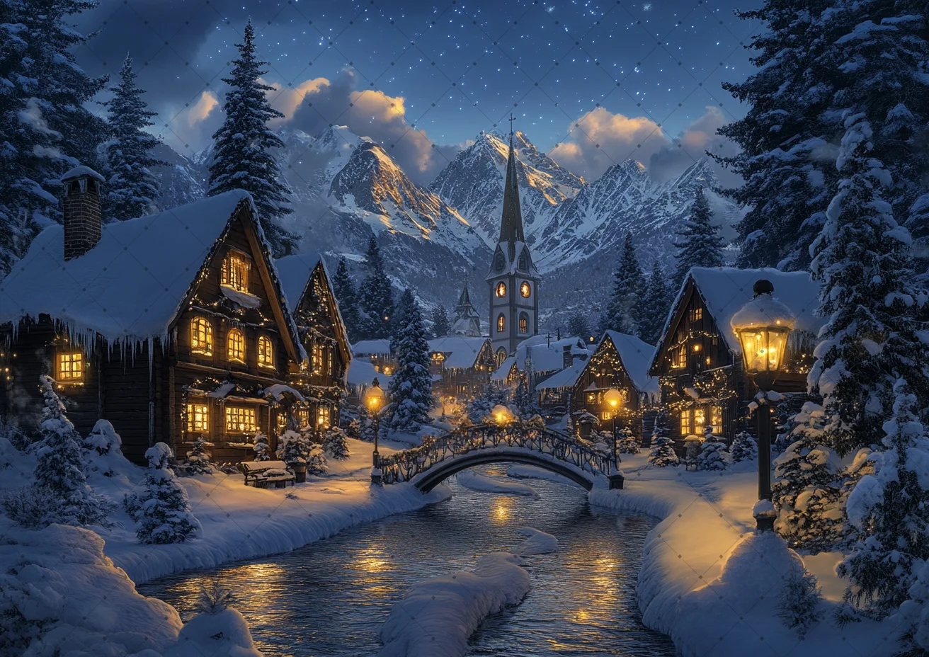 Winter Night Alpine Snow Town Backdrop Church River Stone Bridge Pine Tree Fabric For Xmas Family Studio Portrait Photo Prop