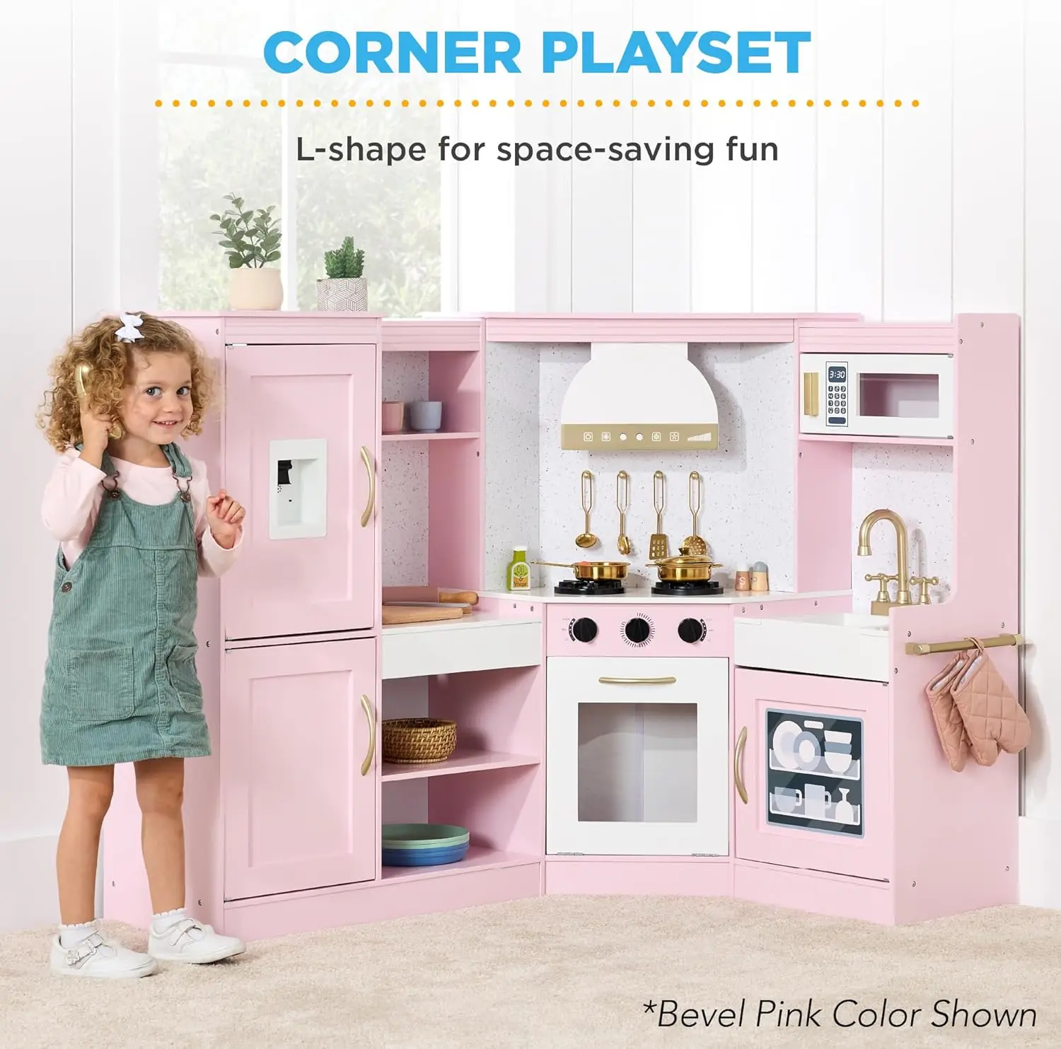 Pretend Play Corner Kitchen, Ultimate Interactive Wooden Kids Playset W/Lights & Sounds, Ice Maker, Hood - Pink