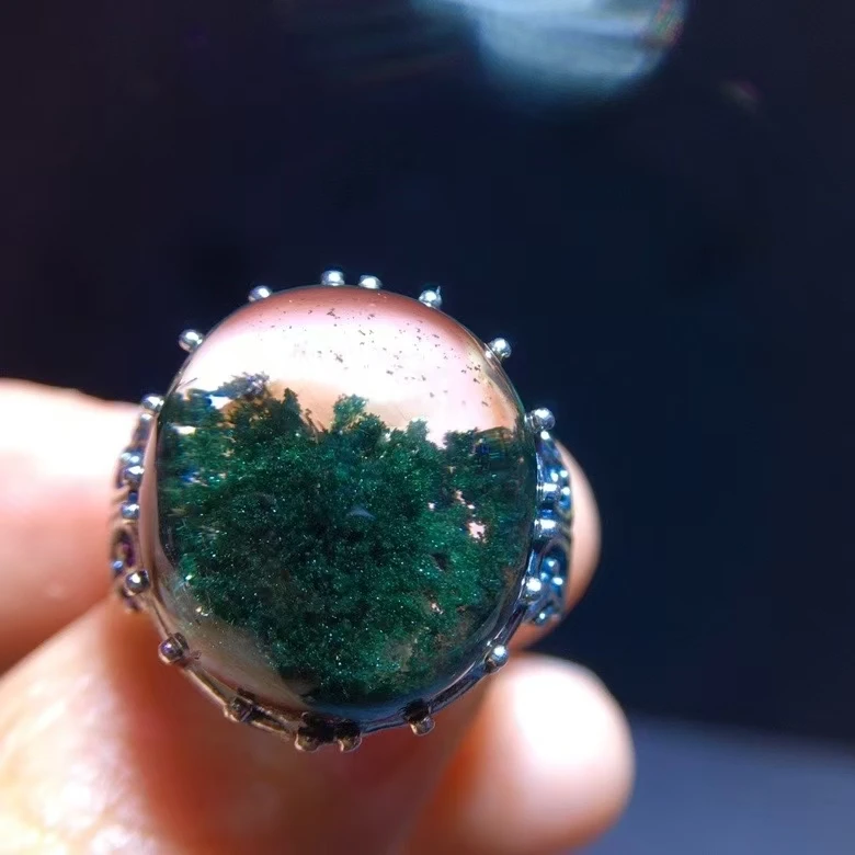 Natural Green Phantom Oval Adjustable Ring 17.3/16mm Crystal 925 Silver Bead Phantom Women Men Jewelry AAAAAA