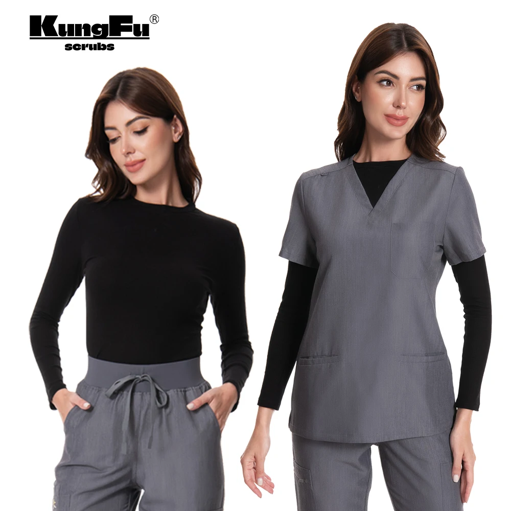 

KUNGFU SCRUBS женский ребристый топ с длинными рукавами, скрабы для медсестры, аксессуары, однотонный тонкий универсальный топ