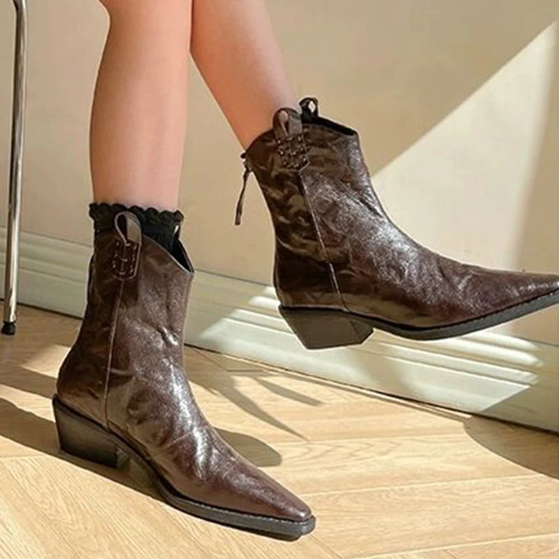 Bota de tornozelo chelsea feminina, salto baixo, dedo apontado, sapato casual, elegante, festa, moda inverno, novo, 2024