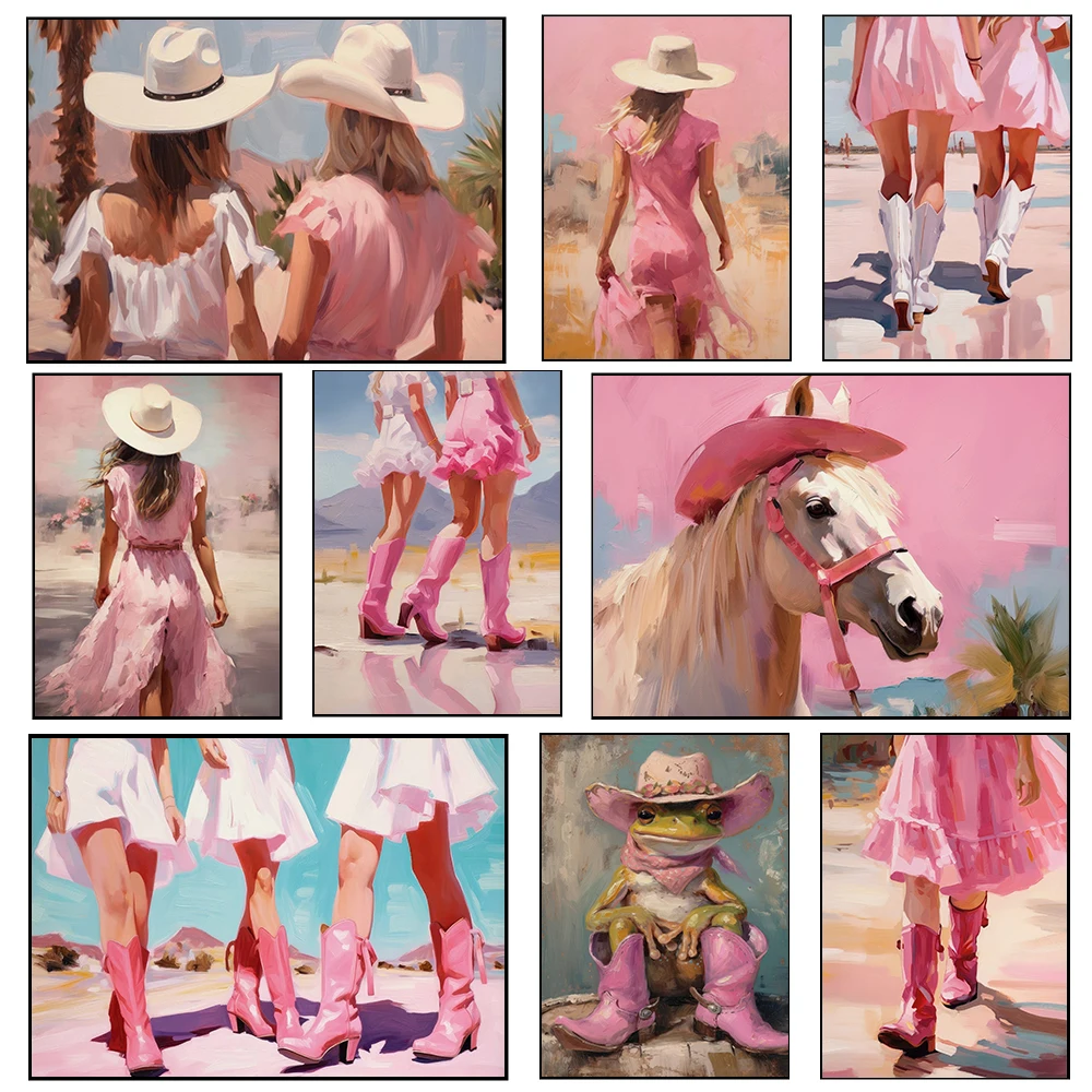 (1PC Unframe)Fashion Western Cowgirl Girly Poster Horse With Pink Cowboy Hat Girly Prints Canvas Painting Wall Picture Home Livi