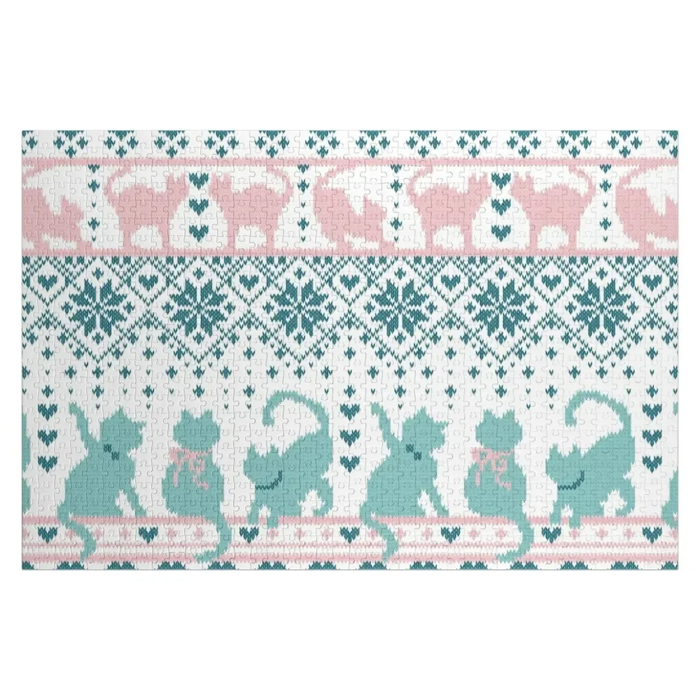 Fair Isle Knitting Cats Love // white background teal and pink kitties and details Jigsaw Puzzle Personalized Wooden Name Puzzle