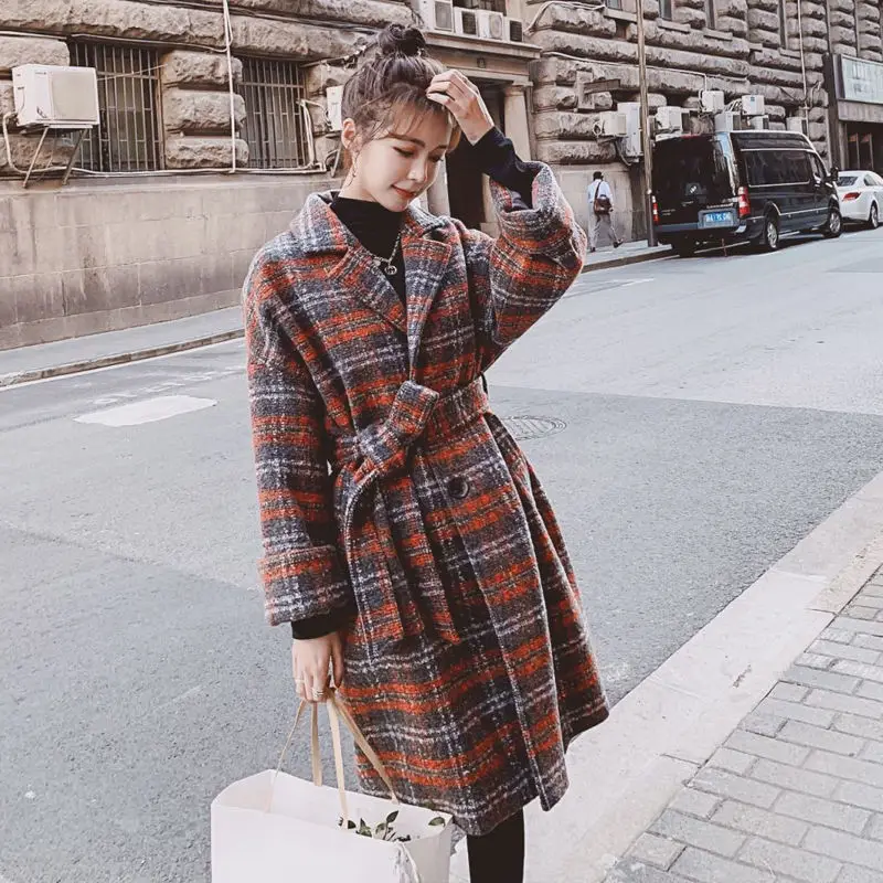 Wool Coat Women Autumn Winter Jacket 2022 New Plaid Long Over Knee Single-breasted CoatsThick Warm Woolen Female Coat Tops R1934