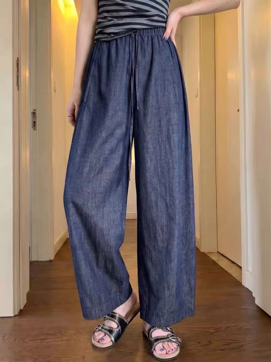 

Loose High Waist Dark Blue Denim Jeans Women's Summer Thin Straight Leg Wide Leg Nine Point Pants plus Size Vintage