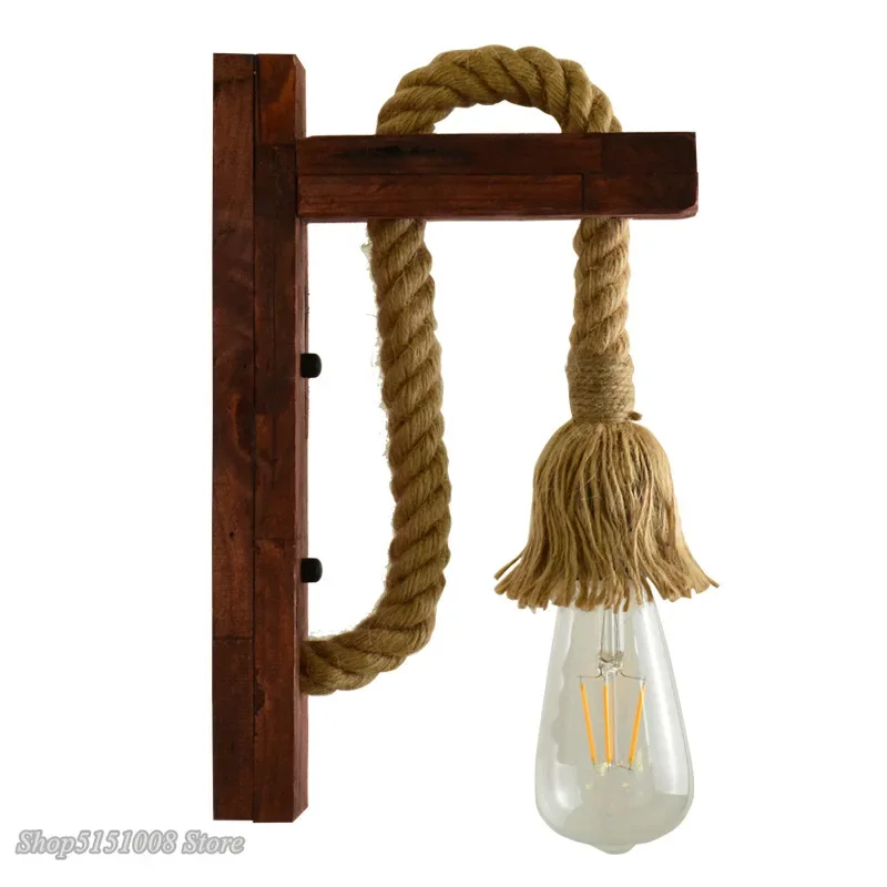 Vintage Hemp Rope Wall Lamp with Plug Wood Wall Lamp E27 Indoor Loft Outdoor Corridor Wall Lights Industrial Sconce Bedside Lamp