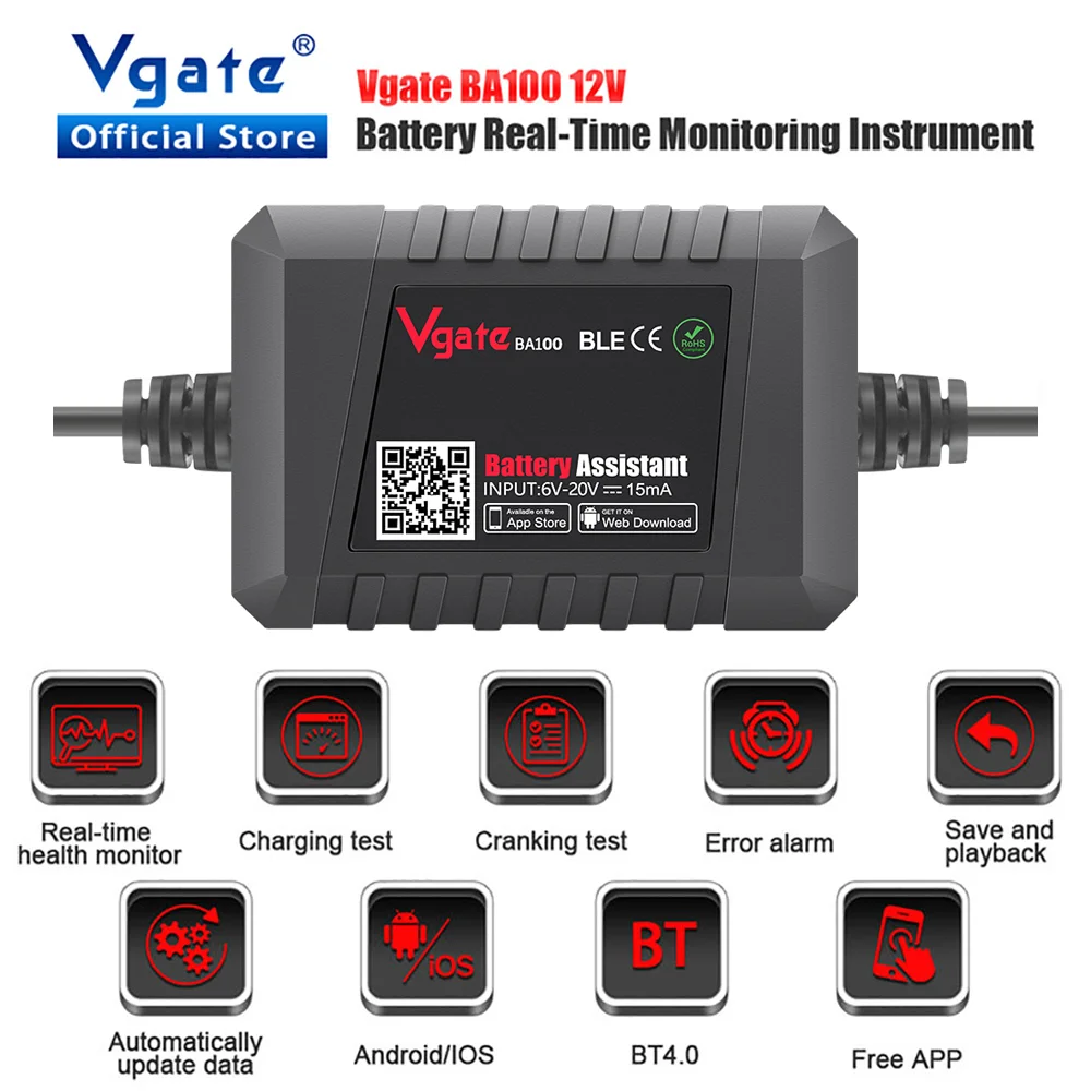 Vgate BA100 12V Voltage Car Battery Tester For Android/IOS Automotive Circuit Analyzer Tester Bluetooth 4.0 Auto Battery Tester