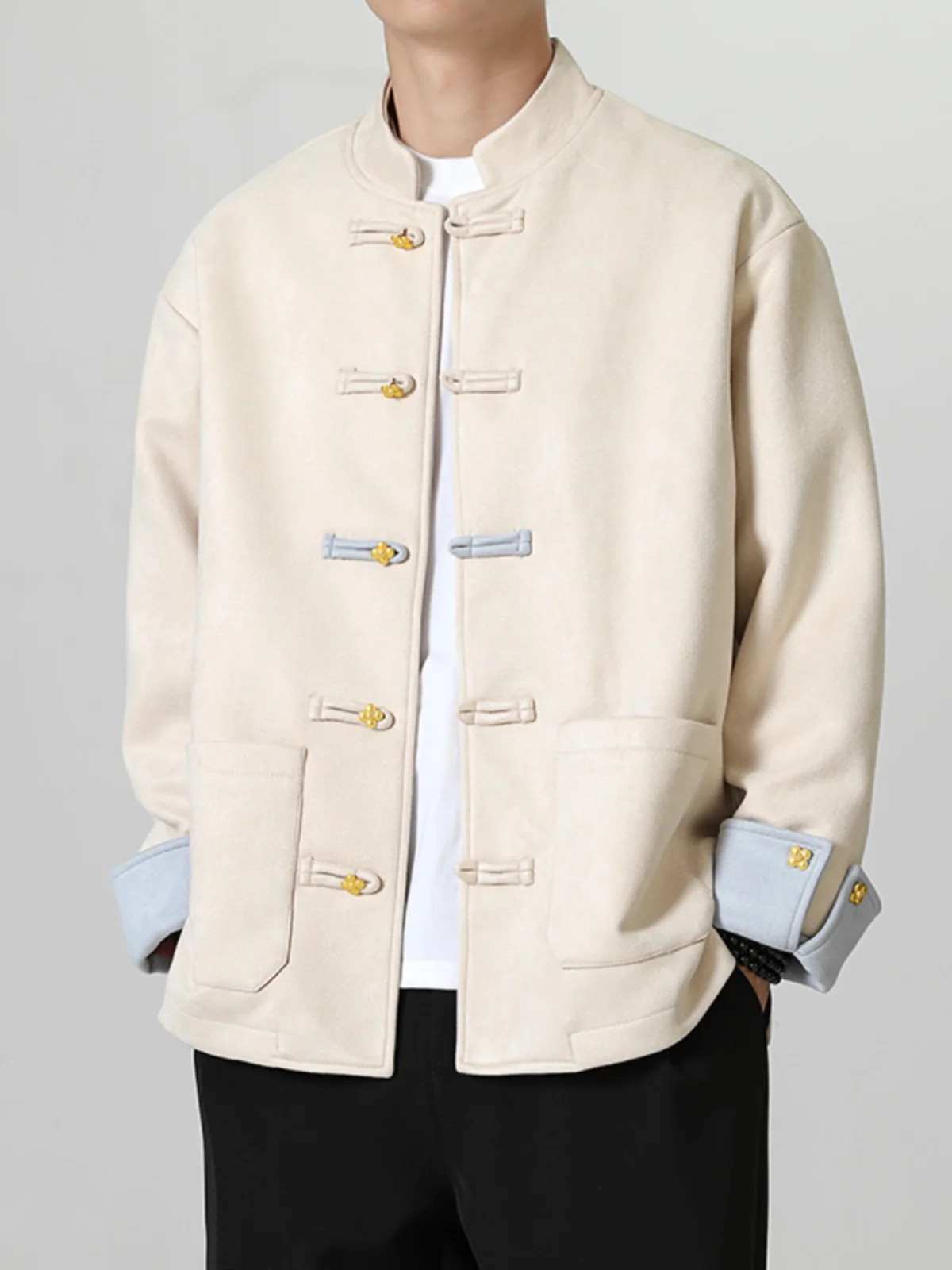 

Loose Fit Chinese Sle Men's Jaet Spring Autumn Suede Velvet Stand Collar Button Decorated Long Sve Casual Outerwear