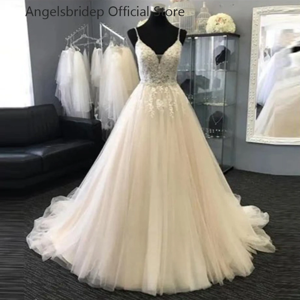 

Angelsbridep A-line Tulle V-neck Vestidos De Noiva Spaghetti Straps Wedding Dress Robe De Mariage Lace Appliques Bridal Gowns