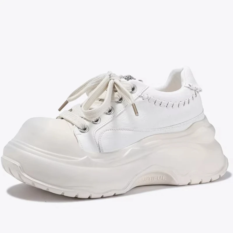 White Chunky Sneakers Shoes for Women's Casual Board Shoes Genuine Leather Comfortable Thick Soled Height Increasing Shoe Female