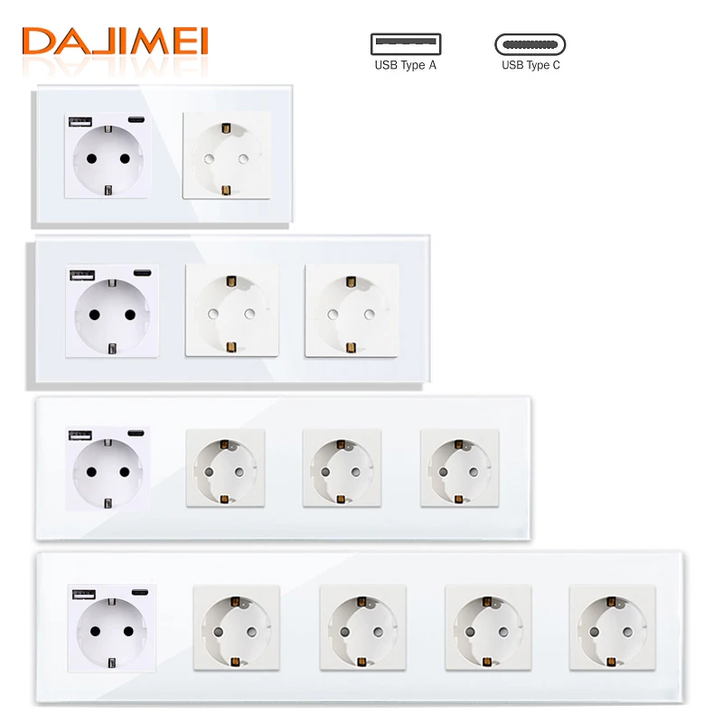 

Настенная розетка DAJIMEI европейского и русского стандарта, Тип ЕС, панель из закаленного стекла, электрическая розетка с быстрой зарядкой Usb A + C