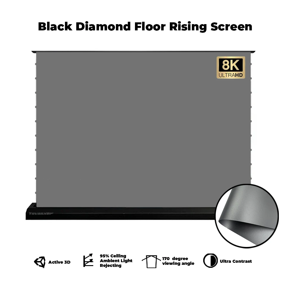 ALR Black Diamond 110 Inch Electric Tension Floor Rising Screen Rollable Projector Screen Curtain 4K HD