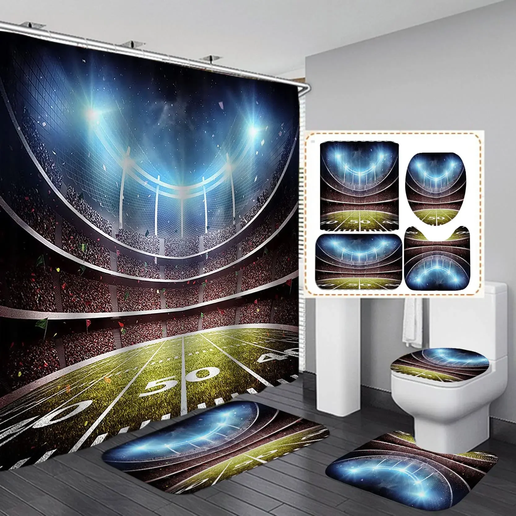 4PCS Sports Shower Curtain Set,American Football Stadium Arena 50 Yard Line Championship Sports Bathroom Decor,Non-slip Bath Mat