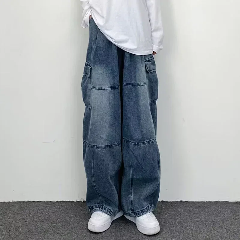 Mężczyźni New Street Vintage Jeans Męskie kombinezony z szerokimi nogawkami i dużymi kieszeniami Y2K Neutralne luźne proste nogawki Casual High Street Hip Hop Pants