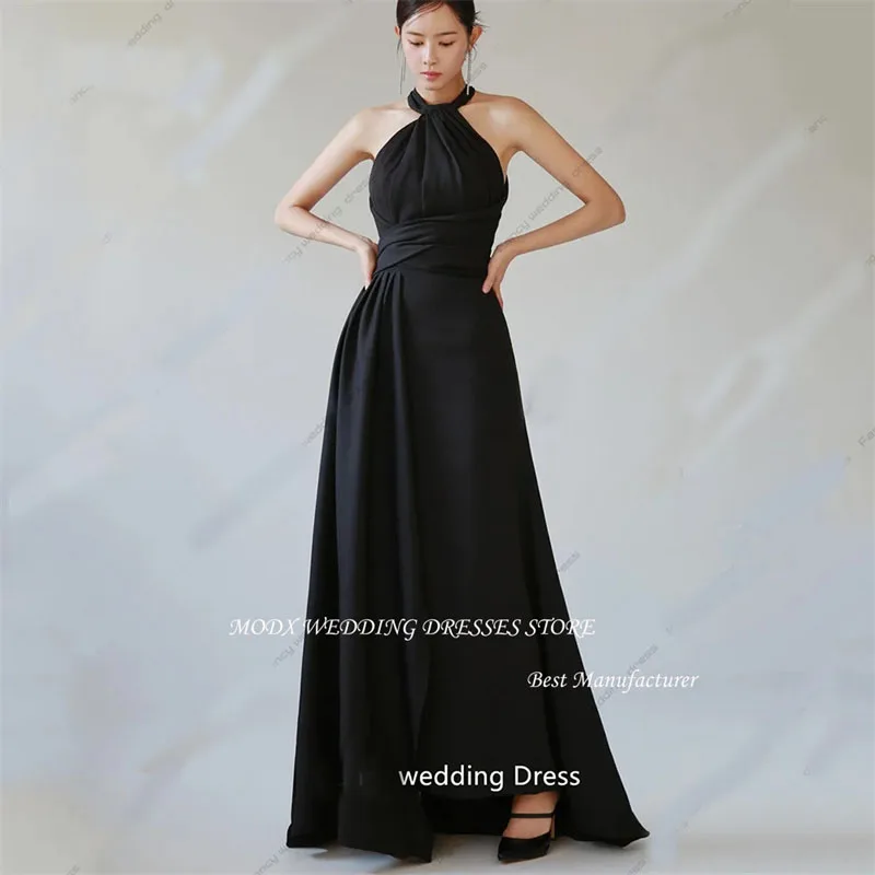 

MODX Black Halter Pleats Wedding Dress Korea Photo Shoot Sleeveless A Line Satin Bridal Gown Soft Satin Birthday Party Dresses