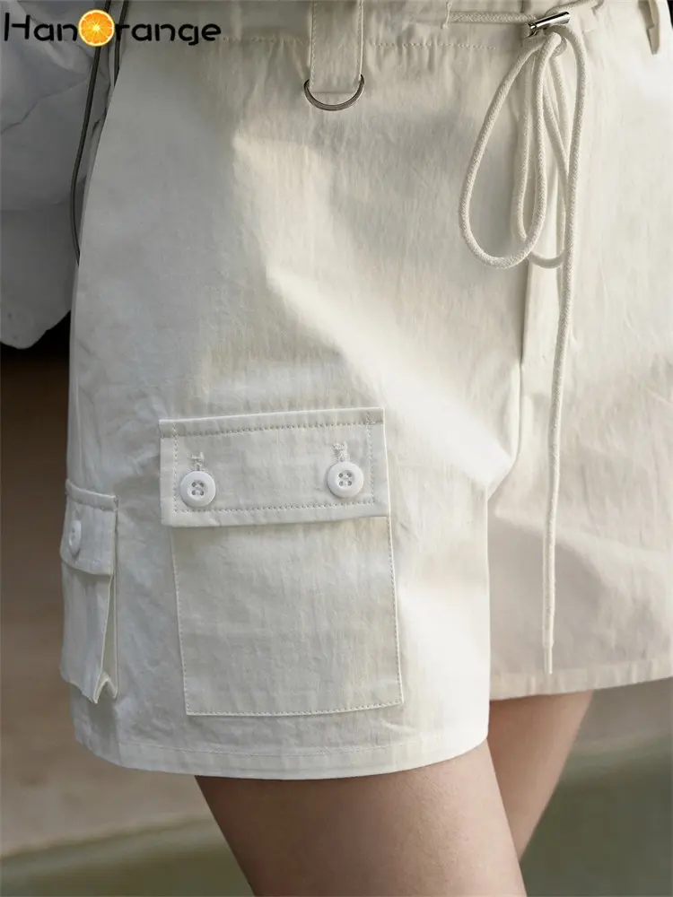 HanOrange 2024 Summer Fashion Spicy Girl Pure Cotton Shorts Women High Waist Drawstring Sports A-line Hot Pants White/Pink