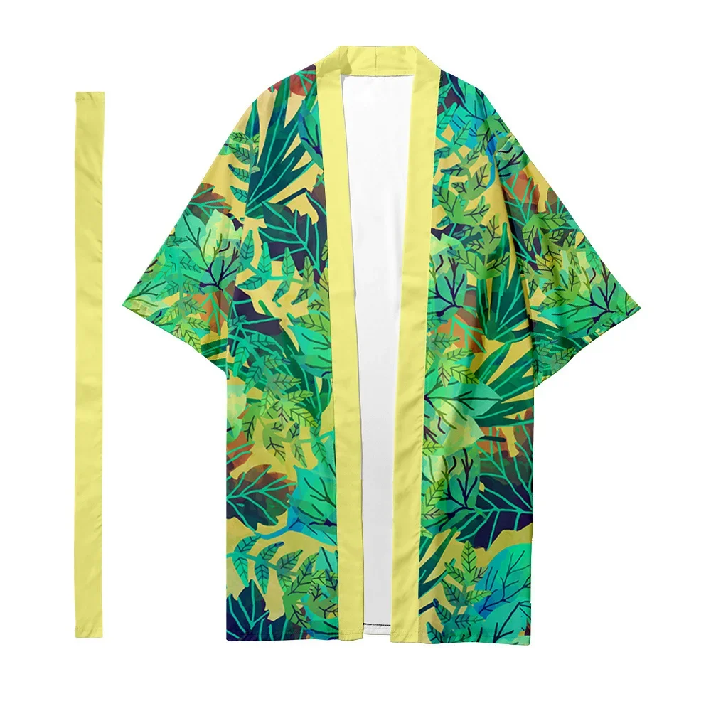 

Men's Japanese Traditional Ethnic Long Kimono Fashion Cardigan Women Kimono Plant Leaf Pattern Kimono Shirt Yukata Jacket