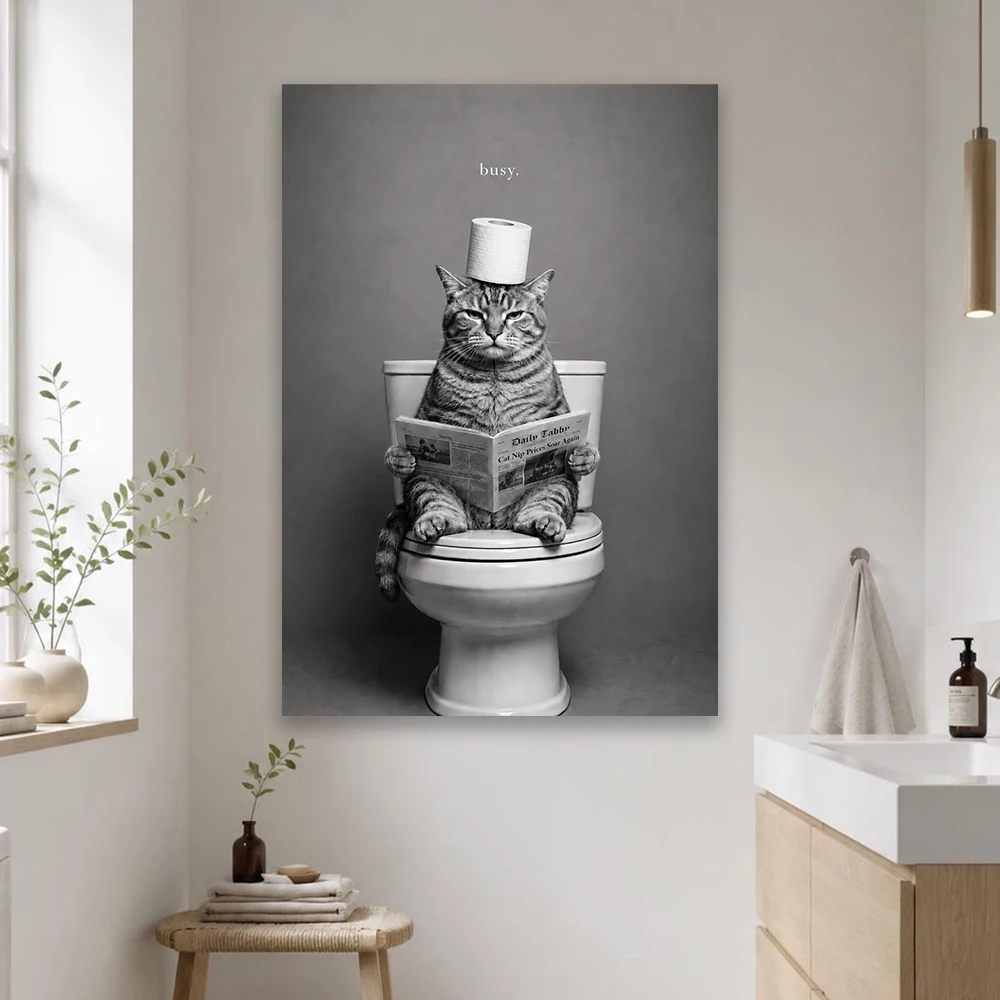 Funny Cat Bathroom Poster Black and White Toilet Cat Print Busy Cat Wall Art Canvas Painting Modern Bathroom Decor