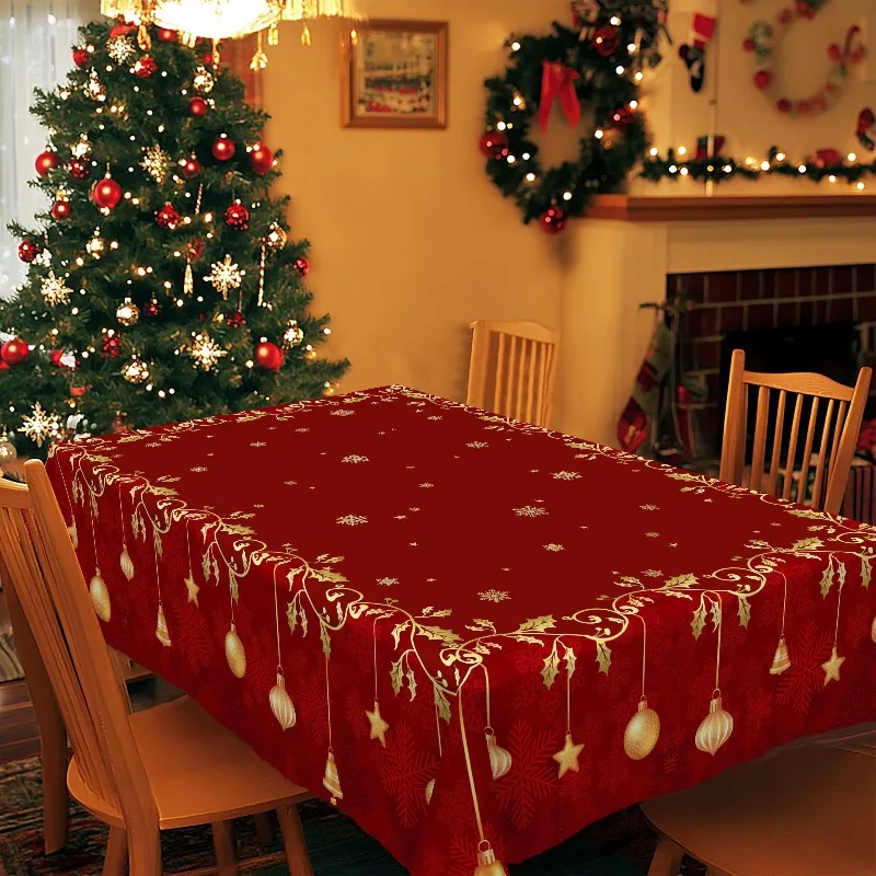 VIKAMA Christmas Tablecloth Red Gold Holly Berry Snowflake Rectangular Washable Dining Table Cover Xmas Holiday Decorations