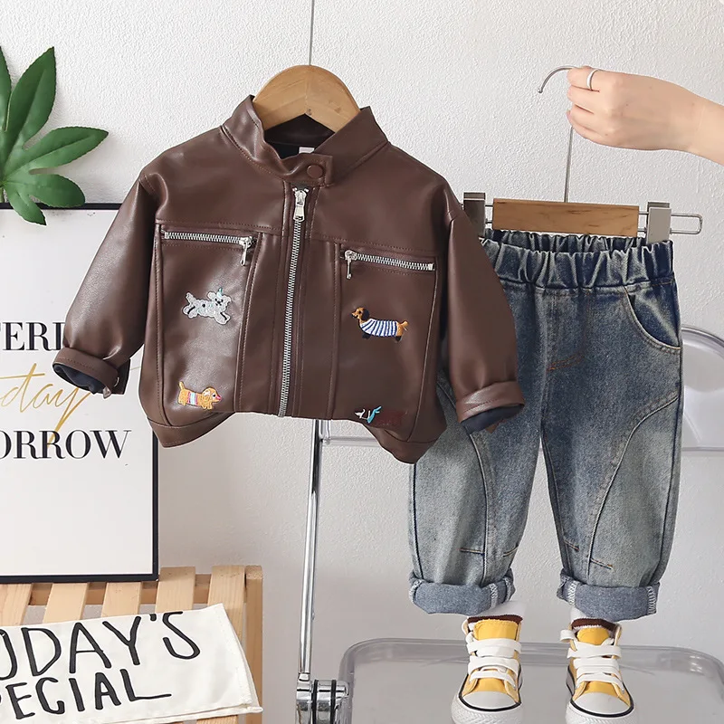 2026-new-kids-pu-leather-jacket-set-spring-autumn-cute-cartoon-dog-embroidery-motorcycle-coat-washed-jeans-toddler-boy-outfit