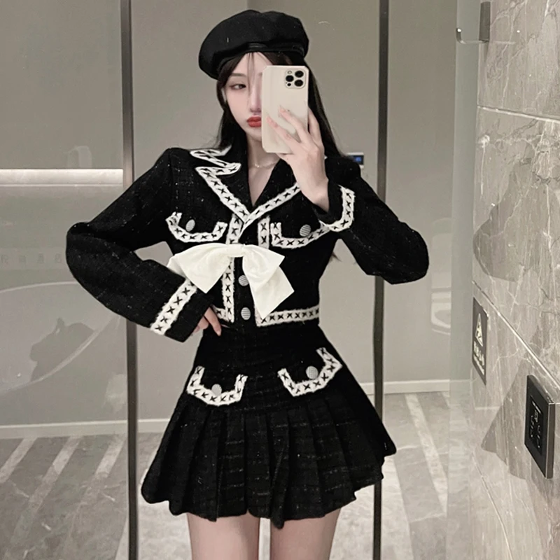 

Womens Black Tweed Elegant 2 Piece Sets Women Business Small Fragrance Jacket Coat Female A-Line Skirts Ladies