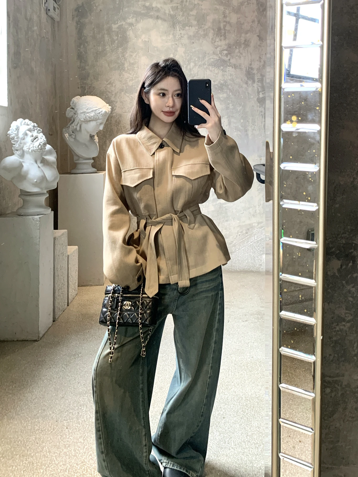 

Женское осеннее элегантное приталенное пальто с отложным воротником и поясом, повседневный топ с воротником