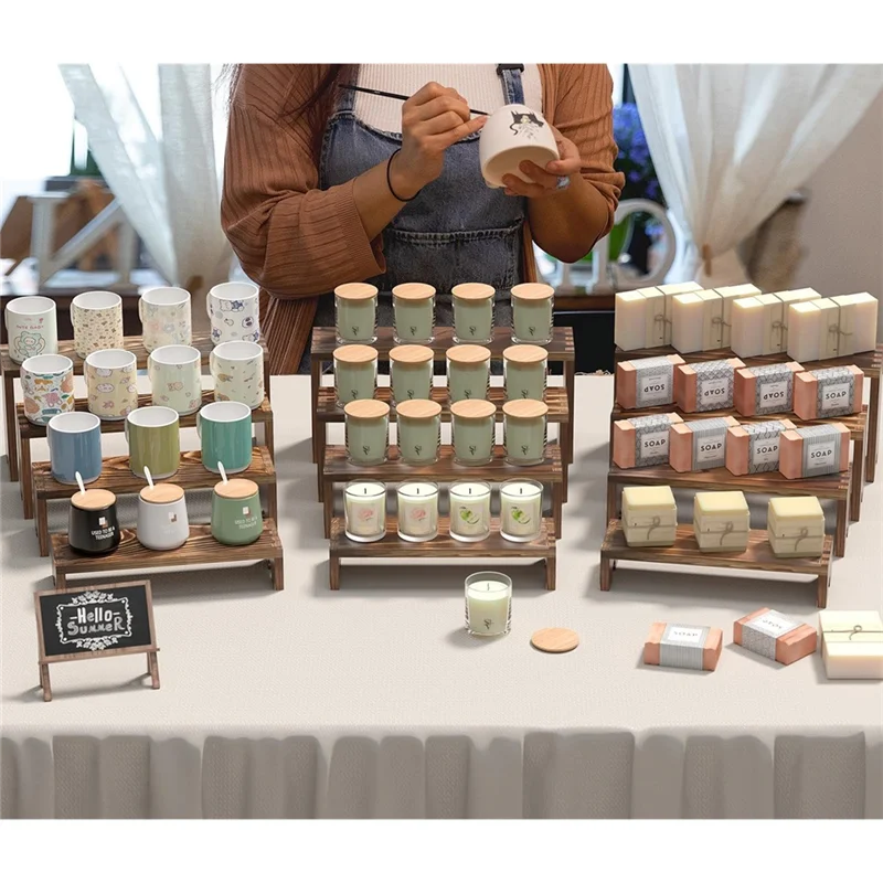 A19F-Cologne Stand,Wooden Tiered Riser Display Stands, 2 Set Stackable Perfume Organizer Dessert Cupcake Stand