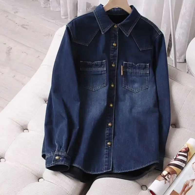 

New Style Fleece Denim Shirt Loose Thickened Top Casual All-in-one Warm Long Sleeves