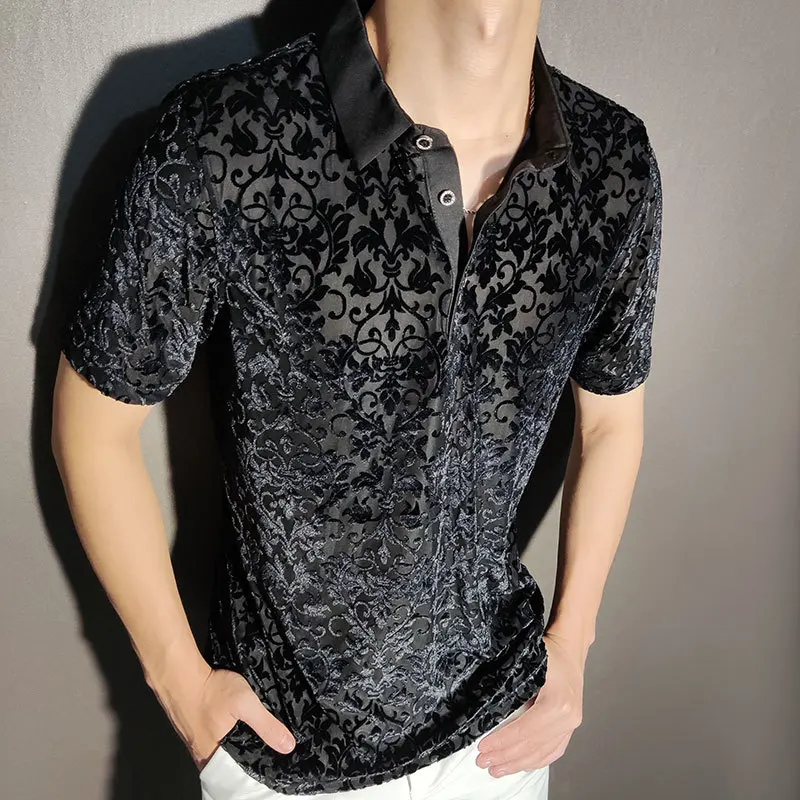 Black Gold Abstract Pattern Lace Sexy Polo See Quality Men Through Social Club Luxe Transparent Shirt Summer Short Sleeve Polo