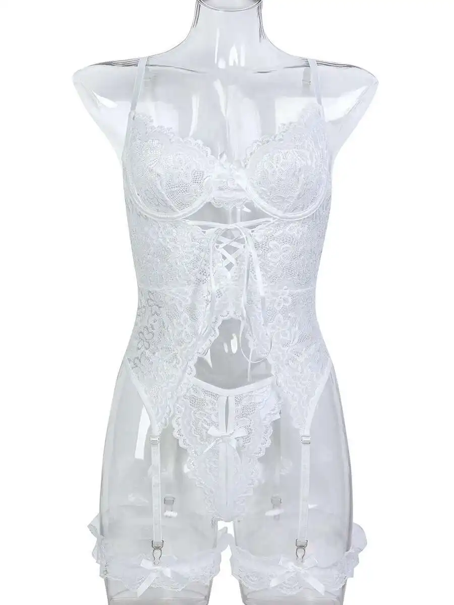 ลูกไม้ CROSS Tie ผู้หญิงใหม่สีขาวเร้าอารมณ์ Bodysuits กับ Suspender และเซ็กซี่สามชิ้นชุด Charming สวยสบาย TI8D