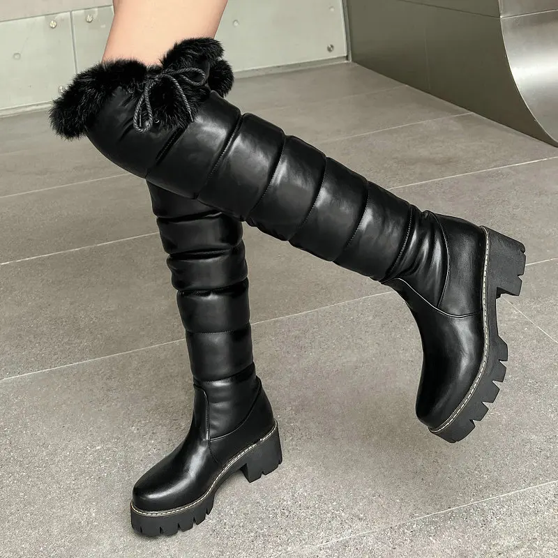 Waterproof Cold Winter Russia Female Warm Shoes Platform Chunky Heels Plush Over-the-knee Snow Boots With Real Rabbit Fur Pom