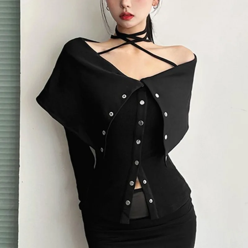 

Off Shoulder Single-breasted Lace Up Sexy Long Sleeve T-shirt Women 2025 Autumn New Streetwear All-match Black Threaded Tops