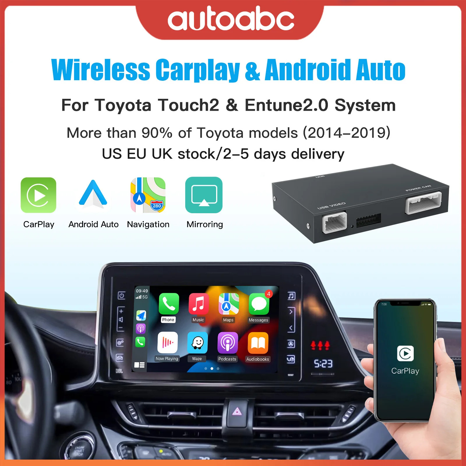 AUTOABC Carplay Android Auto for Toyota Touch2 Entune 2.0 Highlander Tundra Sienna Prius Yaris Camry CHR Module Multimedia