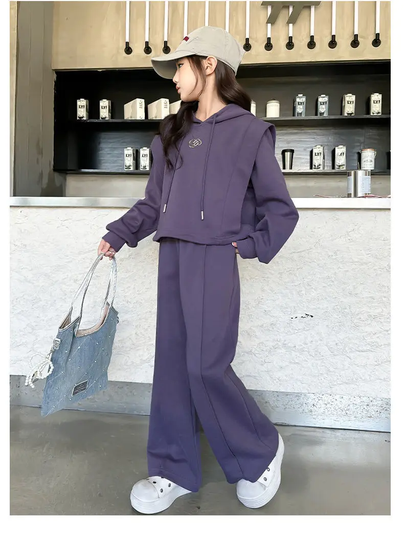 ZOETOPKID Mädchen-Set aus stilvollem Baumwoll-Crop-Sweatshirt mit Kapuze und lockerer Hose, 2-teiliger Trainingsanzug für Schulkinder, Kinder-Outfits – Detail 5