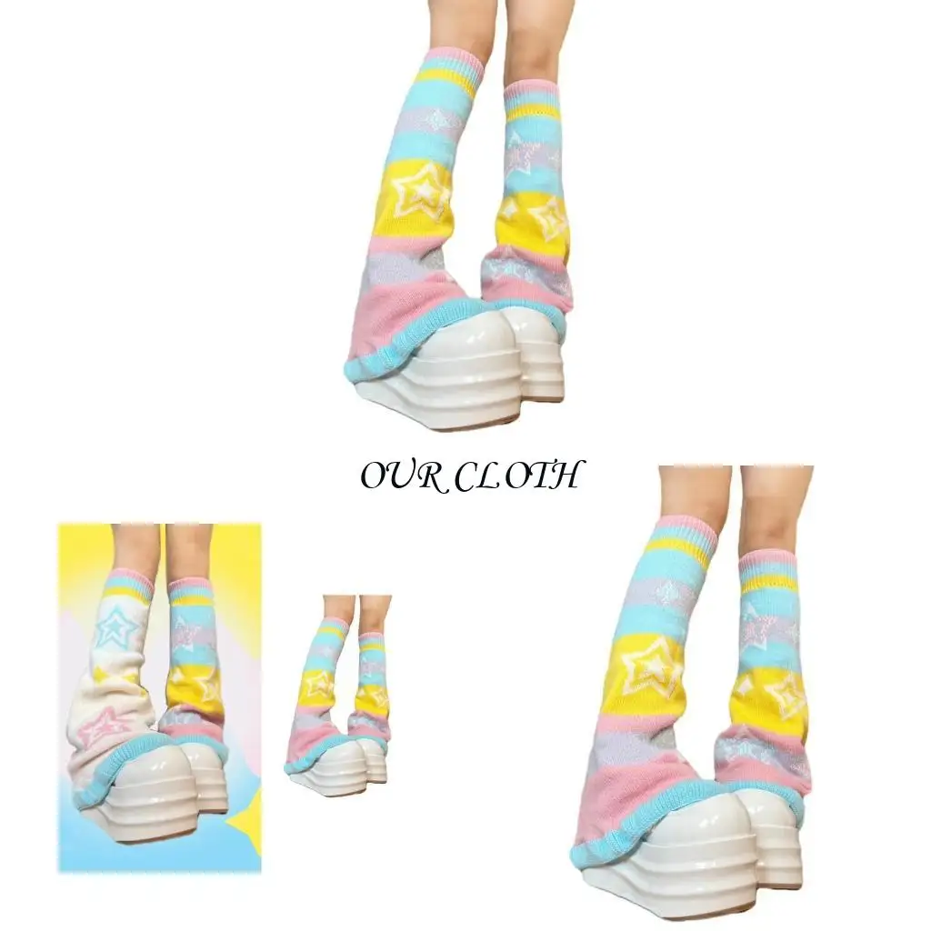 

Reversible Leg Warmers with Star Pattern Harajuku Knit Rainbow Foot Covers Socks Y1AC