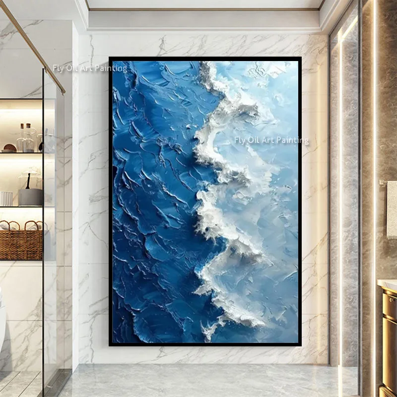 Blue White Knife Thick Ocean Wave Canvas Artwork Special Design Home Wall Decor Handmade Simple Green Beige Oil Painting
