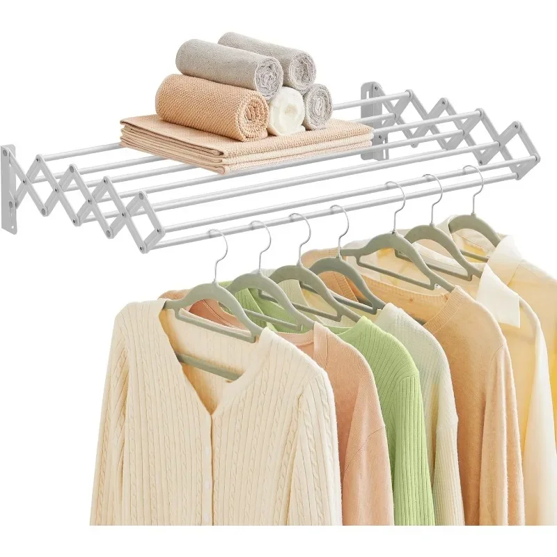 Clothes Drying Rack, Wall-Mounted Drying Rack Clothing, Accordion Laundry Rack, 9 Staggered Hanging Rods, Expandable and