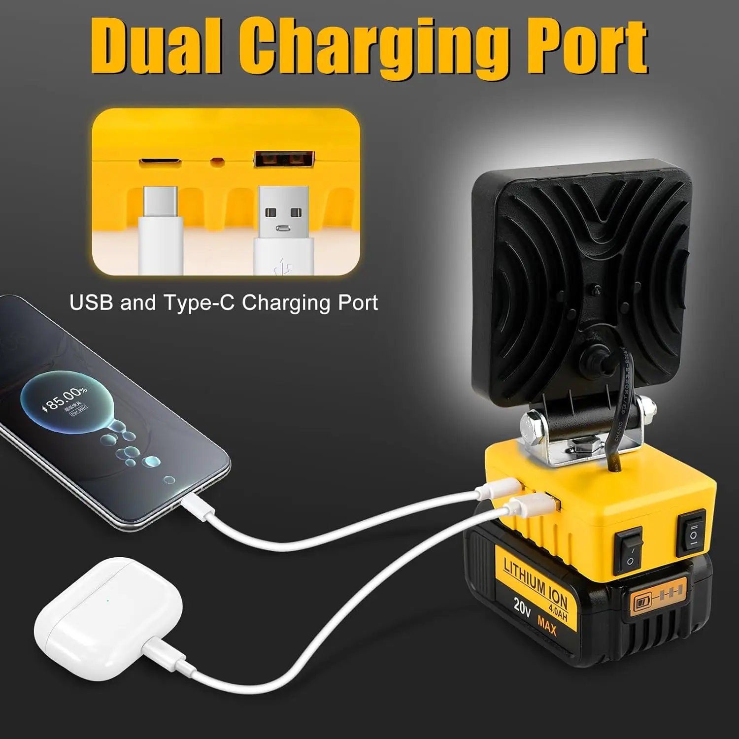 48W/60W/100W Portable LED Work Light Rechargeable LED Flood Light for Dewalt 18V-20V Li-ion Battery Cordless Work Light 6000k