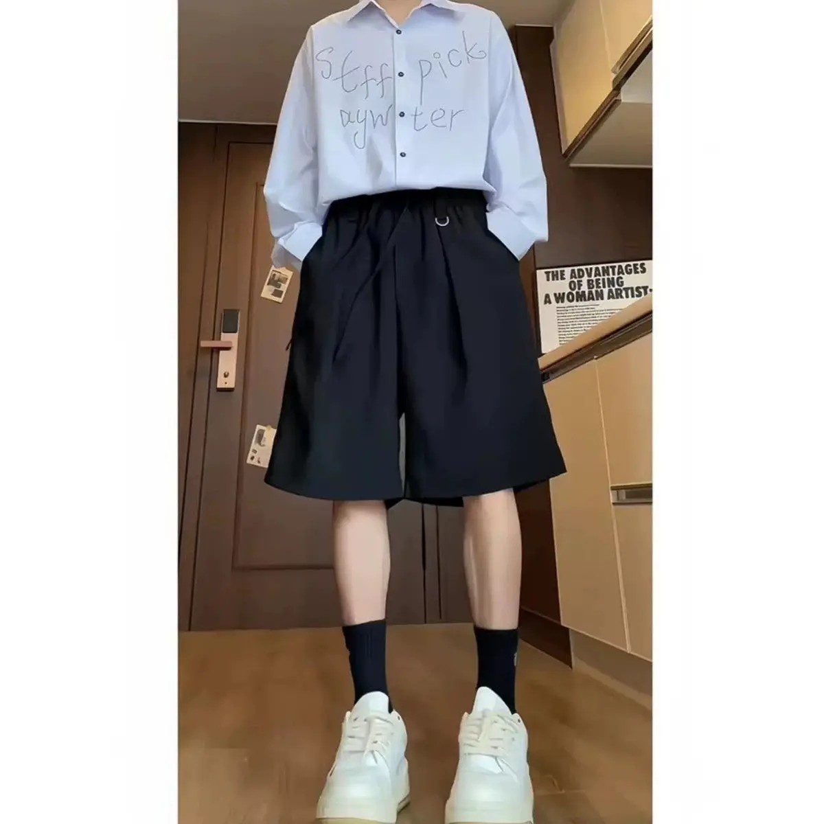 Casual Suit Shorts Men's Summer Thin Medium Pants Casual Black Loose and Cool Straight Five-point Pants