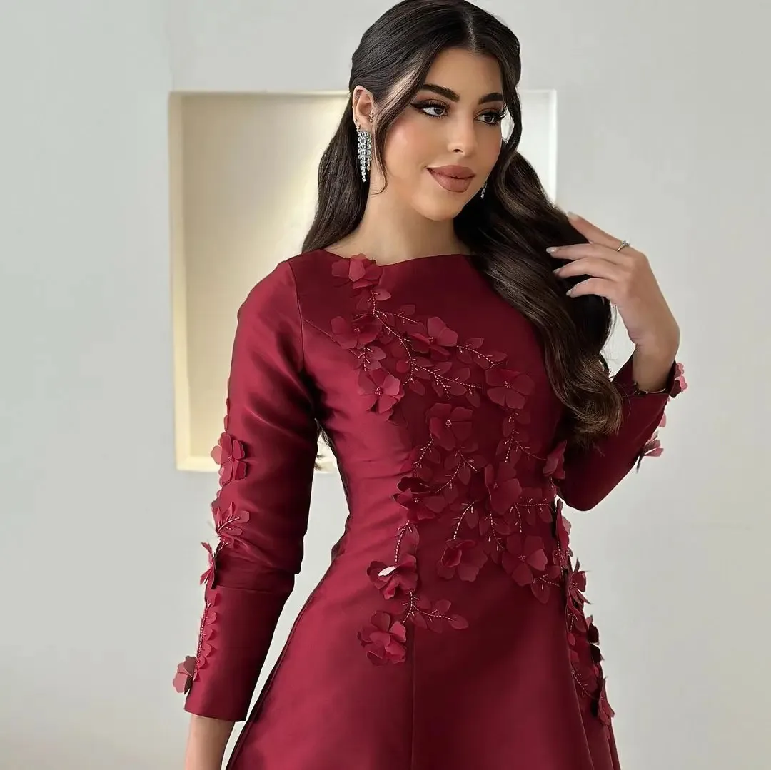 Elegant Dark Red Long Sleeves Beaded Flowers Prom Dresses Floor Length Party Dresses Formal Evening Dresses