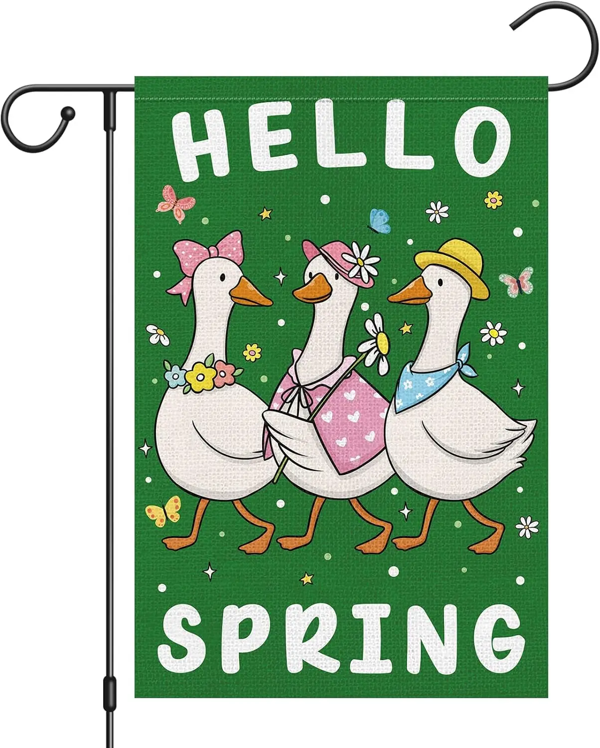 Heyfibro Hello Spring Cute Duck Garden Flag 12x18 Double Sided Burlap, Adorable Ducky Floral Outdoor Yard Banner for Rustic  WWP